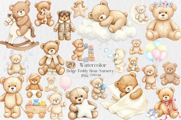 Download Watercolor Beige Teddy Bear Nursery Png - Nursery png Collection